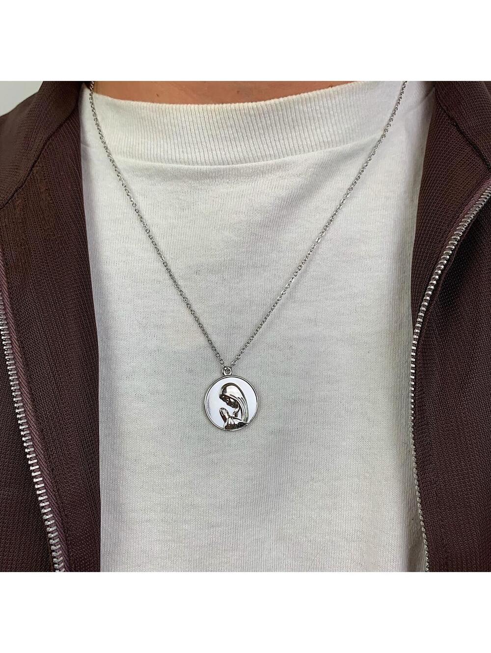 Vintage y2k style Saint Marry Circle pendant silver stainless steel necklace - Picture 2 of 8
